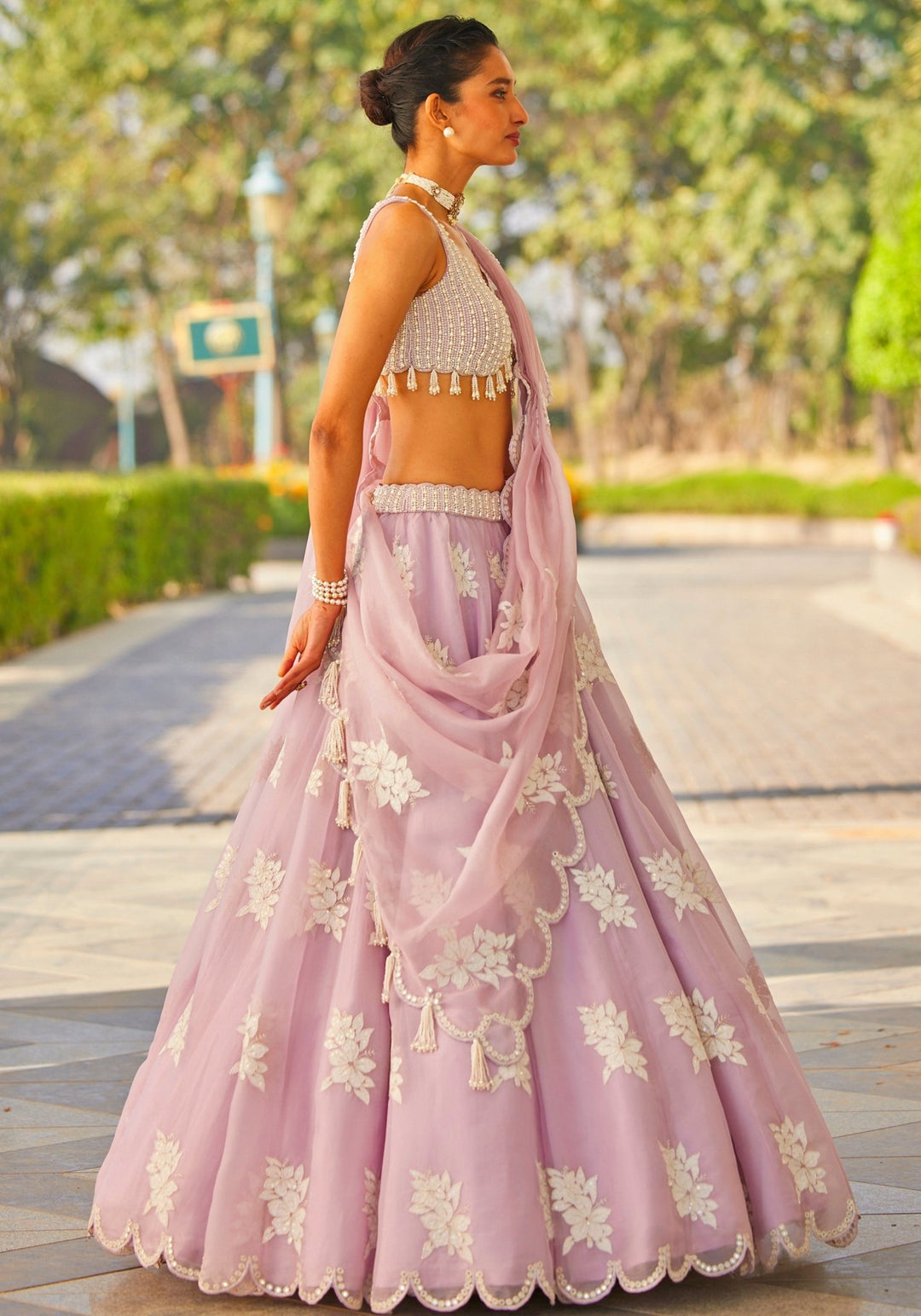 Muted Lilac Applique Lehenga With Pearl Blouse Vvani by Vani Vats - Fabilicious Fashion