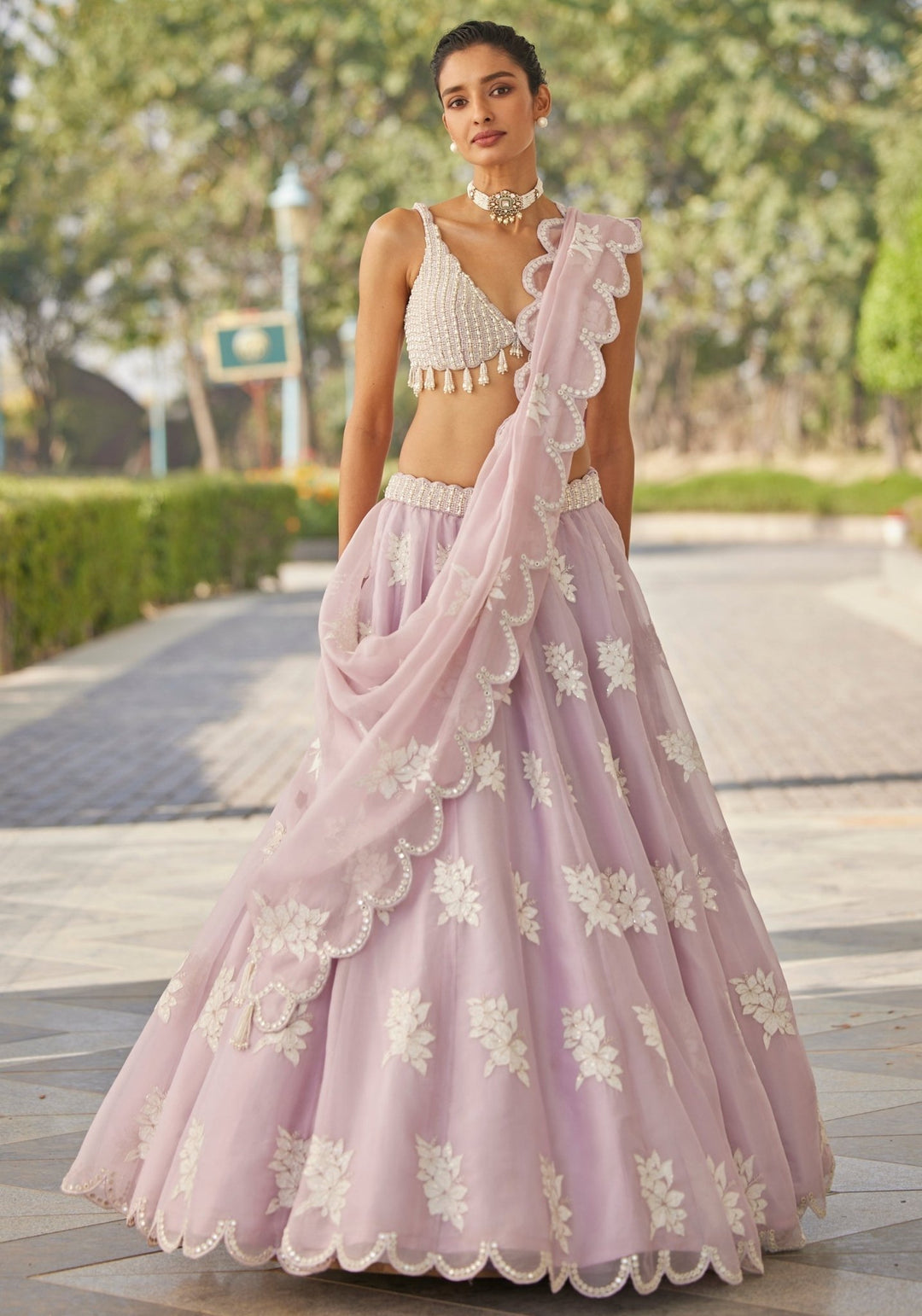 Muted Lilac Applique Lehenga With Pearl Blouse Vvani by Vani Vats - Fabilicious Fashion