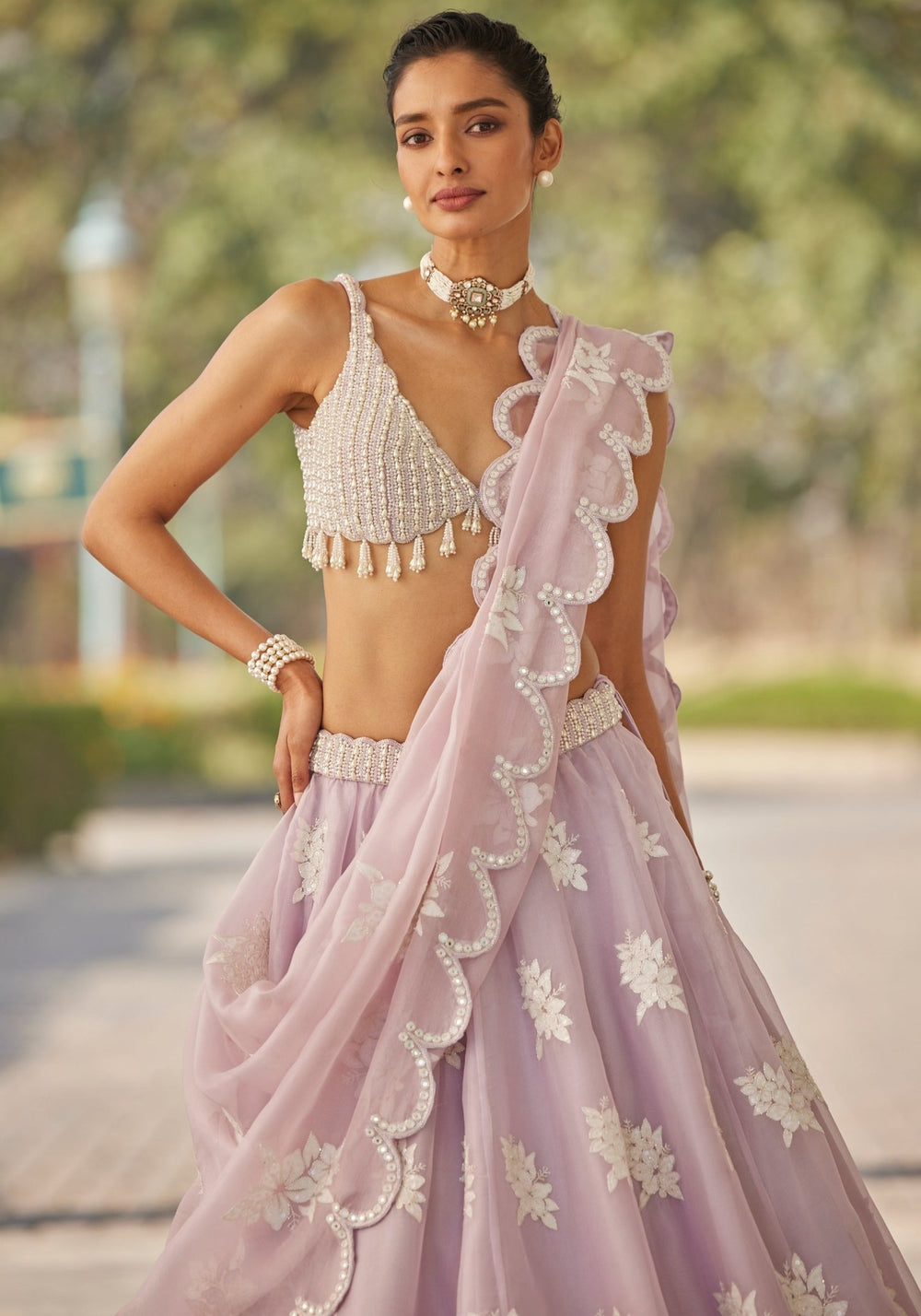 Muted Lilac Applique Lehenga With Pearl Blouse Vvani by Vani Vats - Fabilicious Fashion