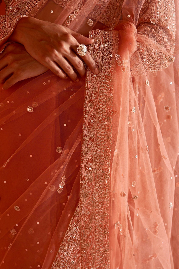 Muted Orange Embellished Net Saree With Full Sleeved Blouse Angad Singh - Fabilicious Fashion