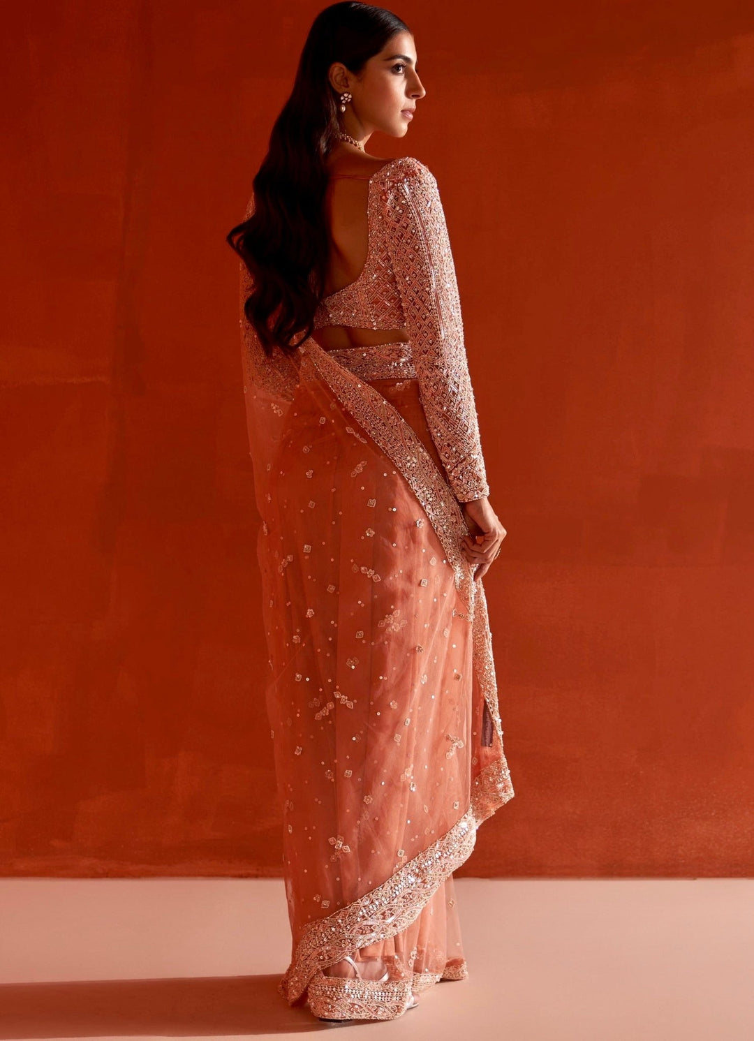 Muted Orange Embellished Net Saree With Full Sleeved Blouse Angad Singh - Fabilicious Fashion