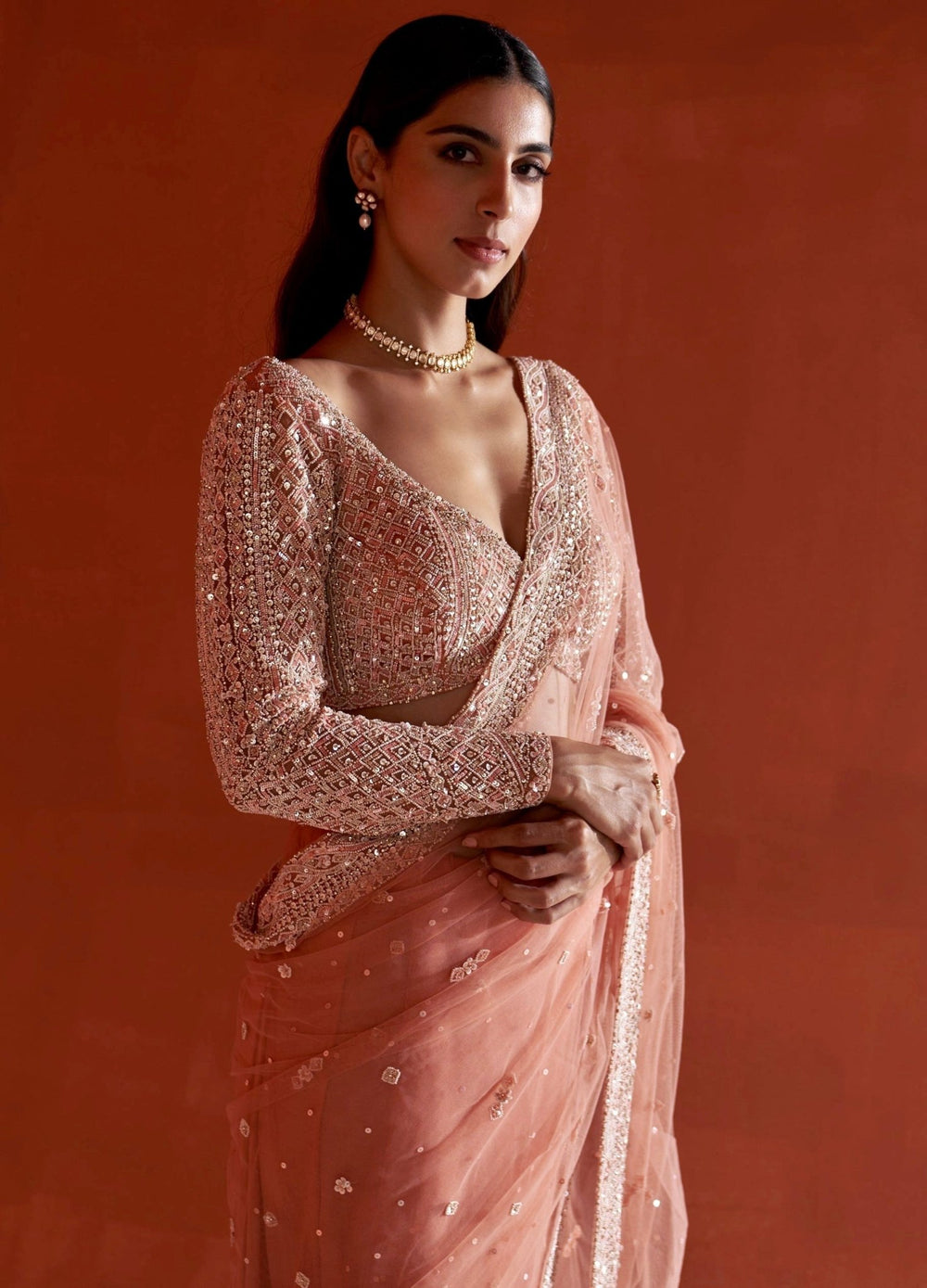 Muted Orange Embellished Net Saree With Full Sleeved Blouse Angad Singh - Fabilicious Fashion