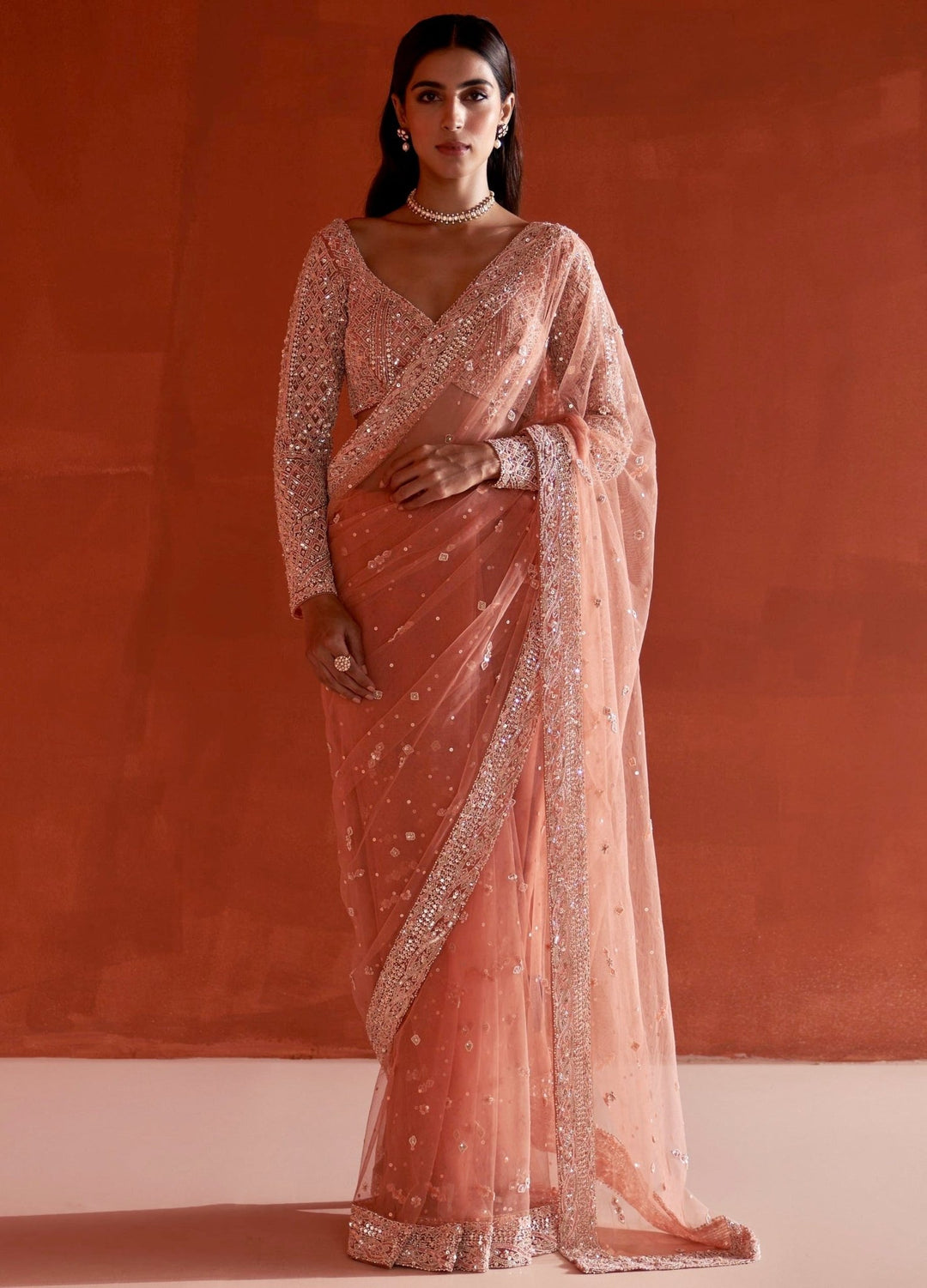 Muted Orange Embellished Net Saree With Full Sleeved Blouse Angad Singh - Fabilicious Fashion