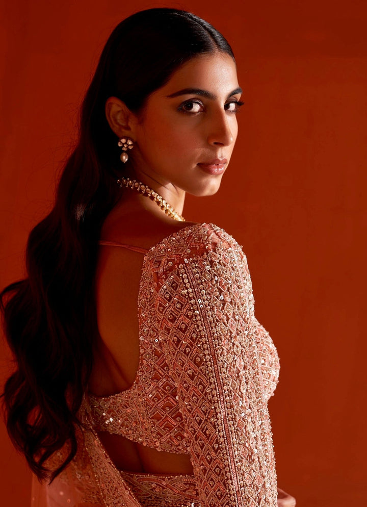 Muted Orange Embellished Net Saree With Full Sleeved Blouse Angad Singh - Fabilicious Fashion