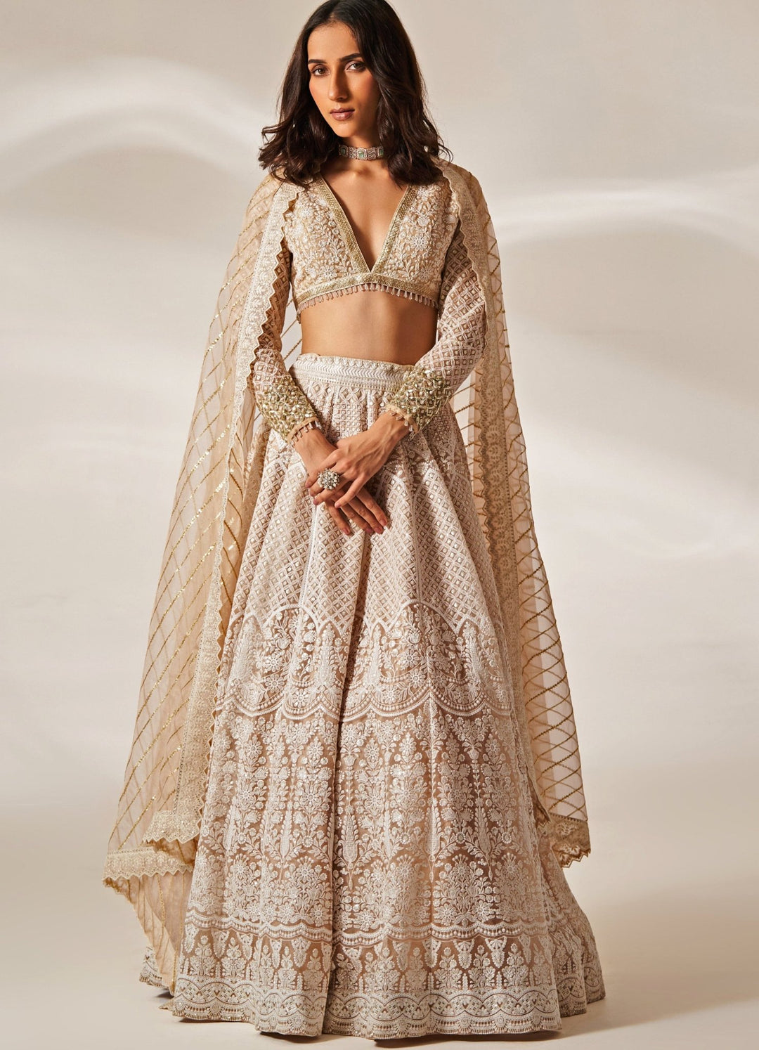 Muted Peach Embroidered Chikankari Lehenga Set Studio Iris - Fabilicious Fashion