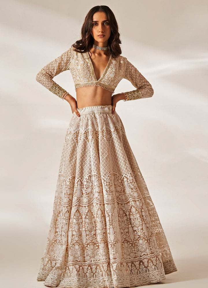 Muted Peach Embroidered Chikankari Lehenga Set Studio Iris - Fabilicious Fashion