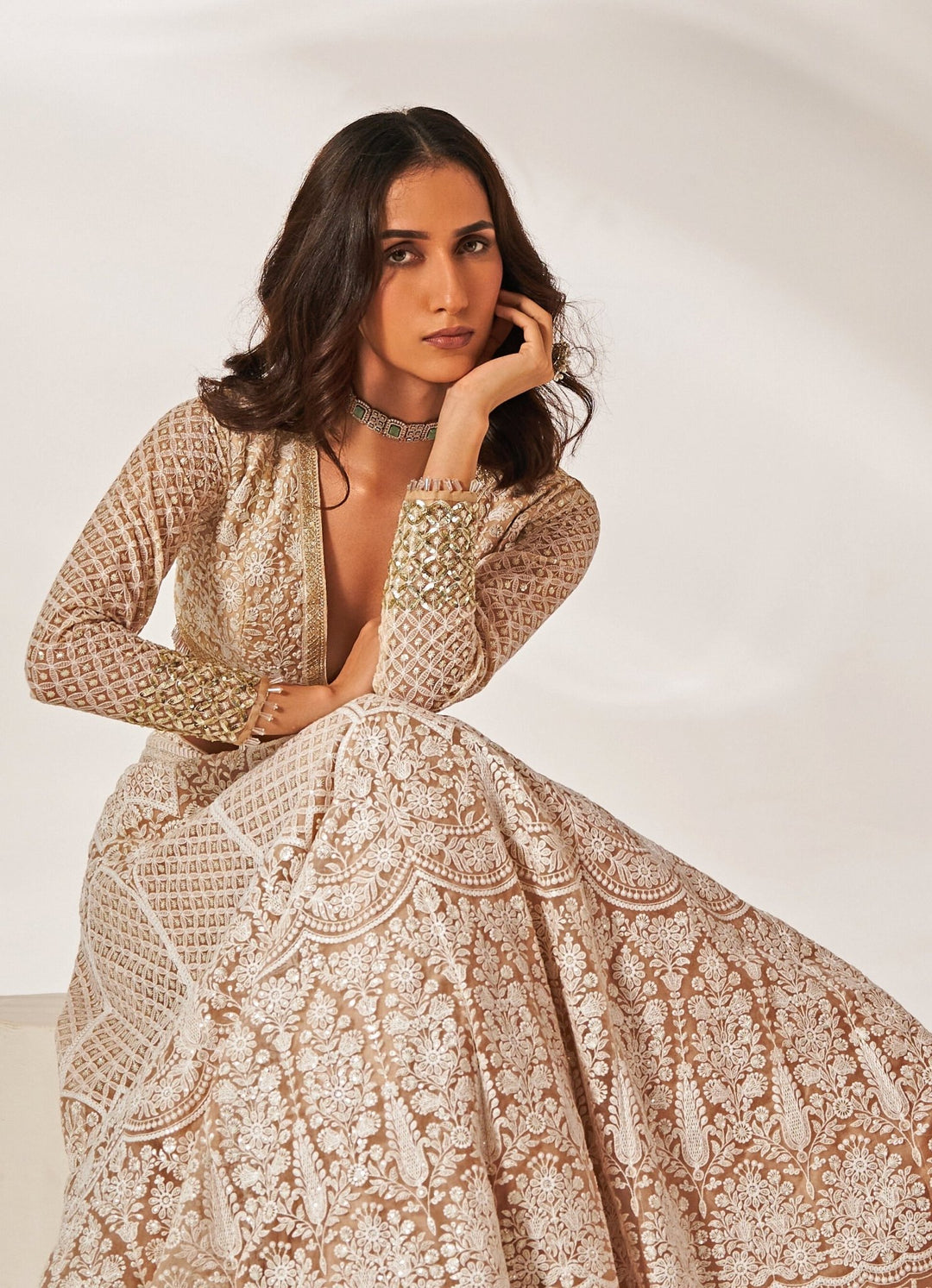 Muted Peach Embroidered Chikankari Lehenga Set Studio Iris - Fabilicious Fashion