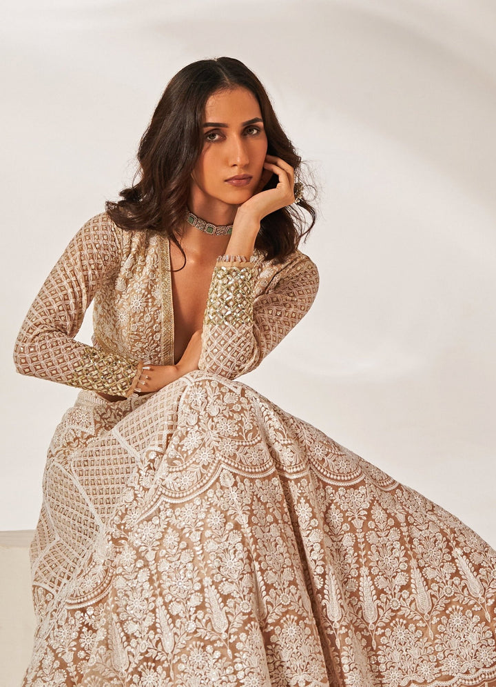 Muted Peach Embroidered Chikankari Lehenga Set Studio Iris - Fabilicious Fashion