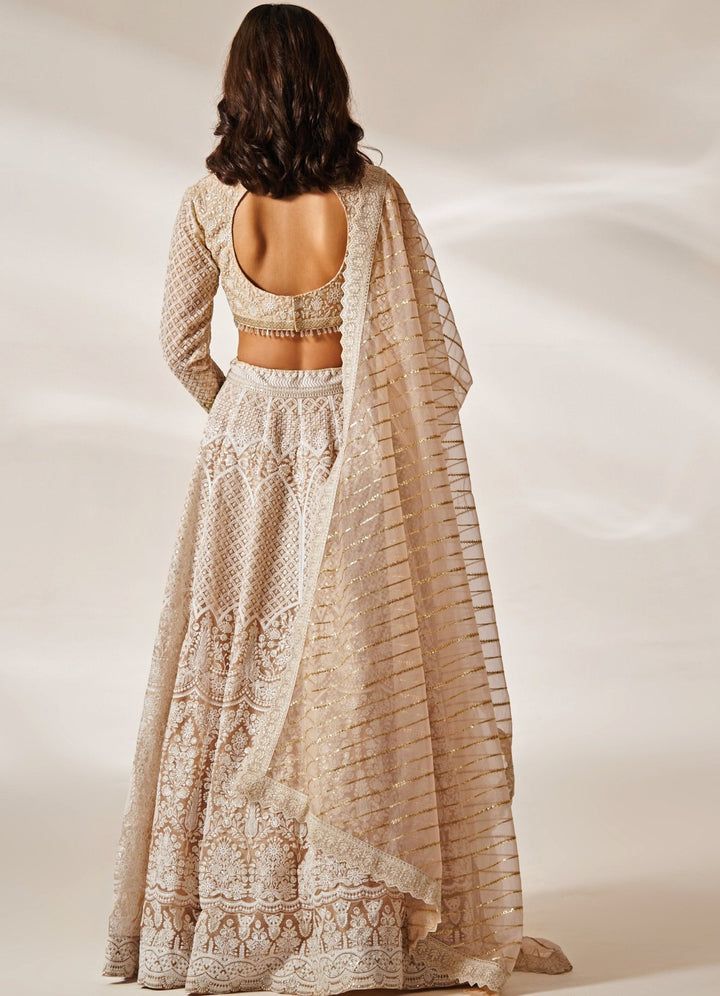Muted Peach Embroidered Chikankari Lehenga Set Studio Iris - Fabilicious Fashion
