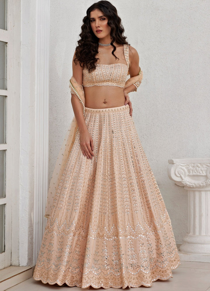 Muted Peach Mirror and Applique Lehenga Set Chamee and Palak - Fabilicious Fashion