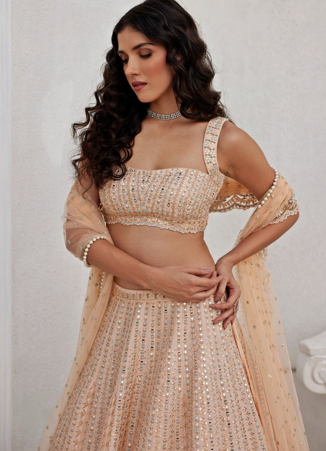 Muted Peach Mirror and Applique Lehenga Set Chamee and Palak - Fabilicious Fashion