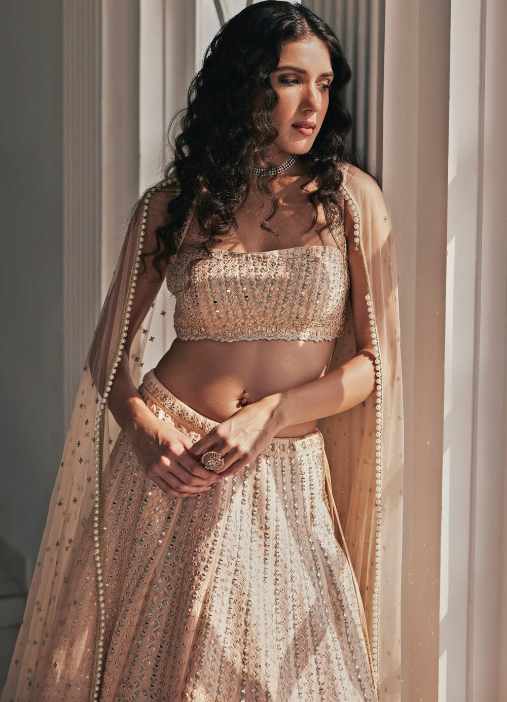 Muted Peach Mirror and Applique Lehenga Set Chamee and Palak - Fabilicious Fashion