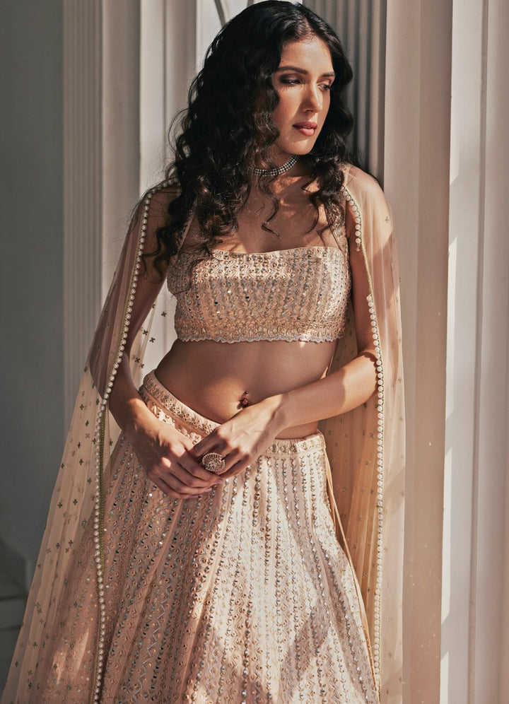 Muted Peach Mirror and Applique Lehenga Set Chamee and Palak - Fabilicious Fashion