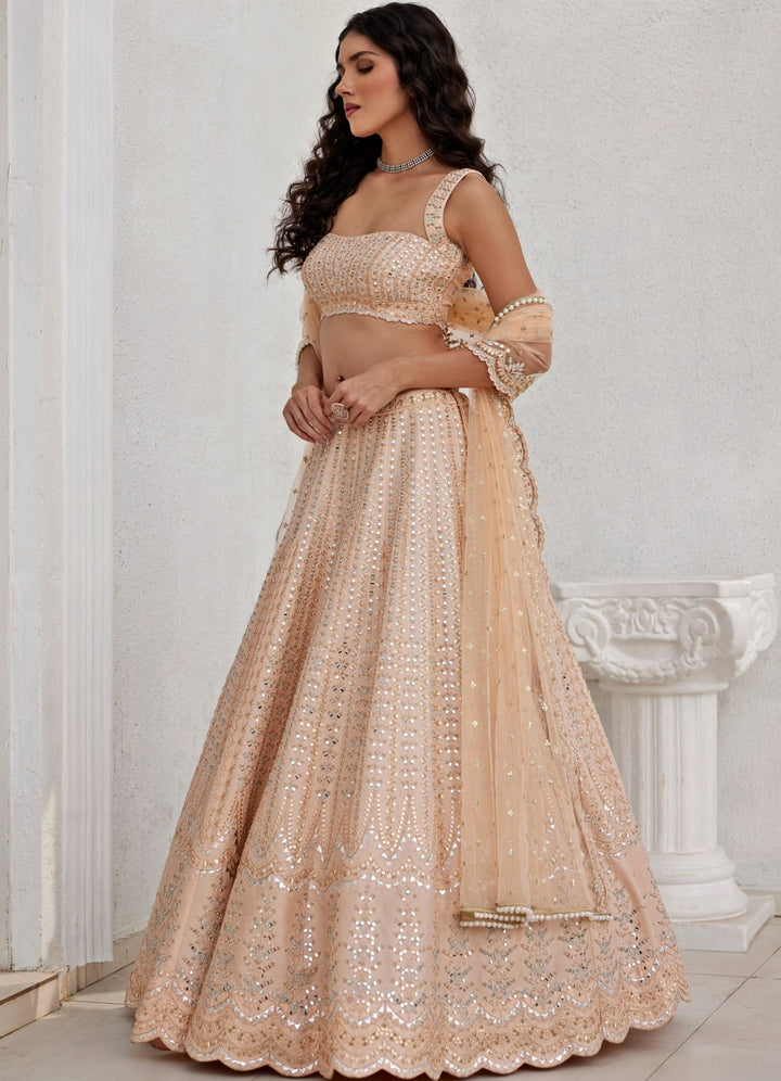 Muted Peach Mirror and Applique Lehenga Set Chamee and Palak - Fabilicious Fashion