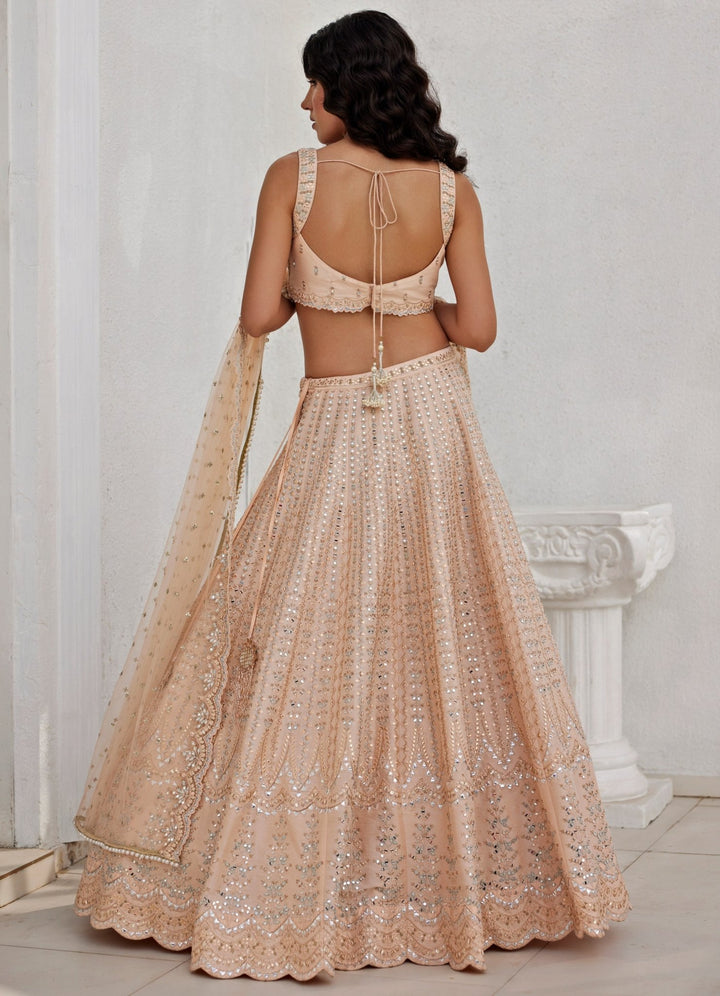 Muted Peach Mirror and Applique Lehenga Set Chamee and Palak - Fabilicious Fashion