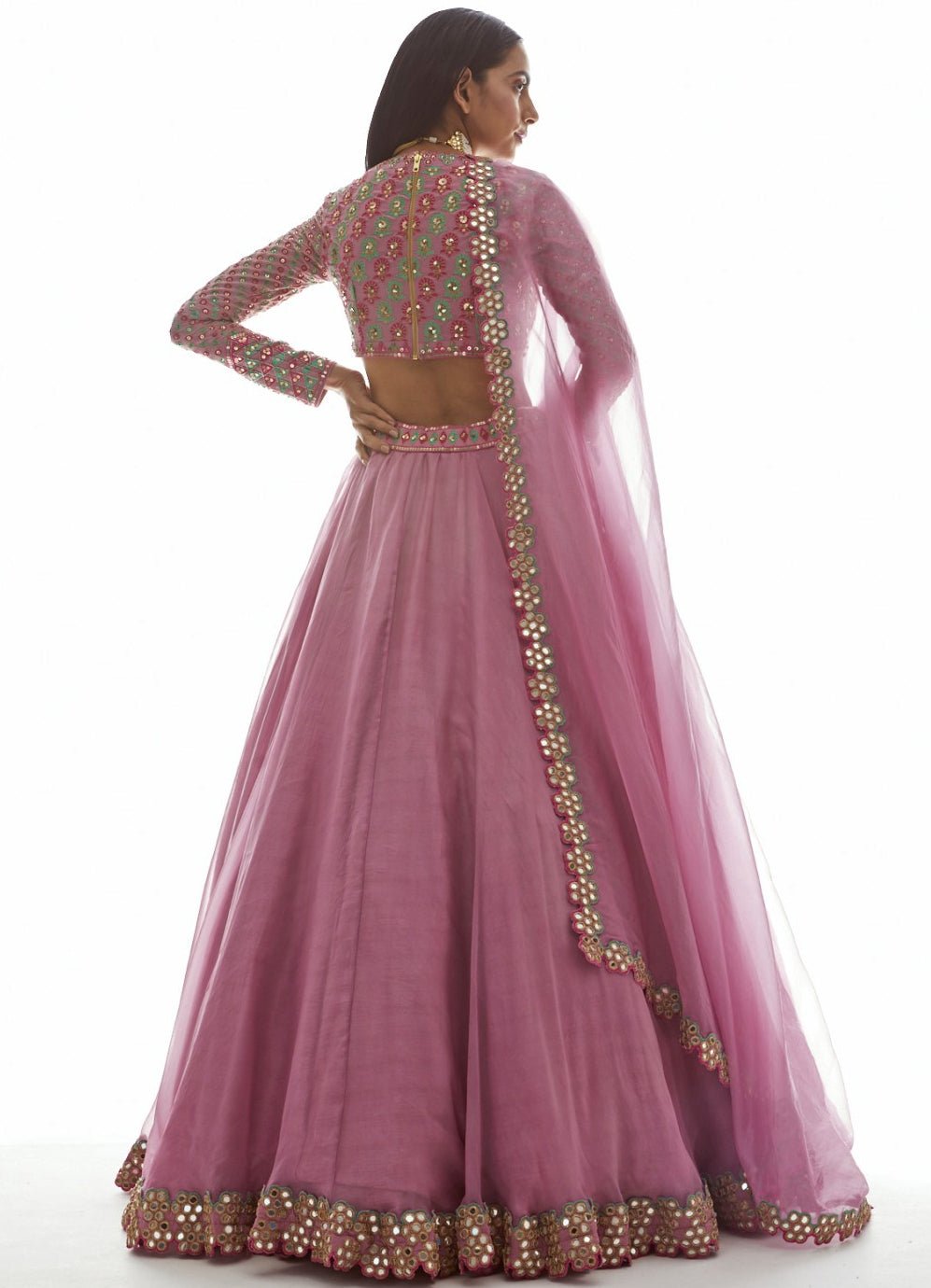 Muted Pink Applique Organza Lehenga Set Vvani by Vani Vats - Fabilicious Fashion