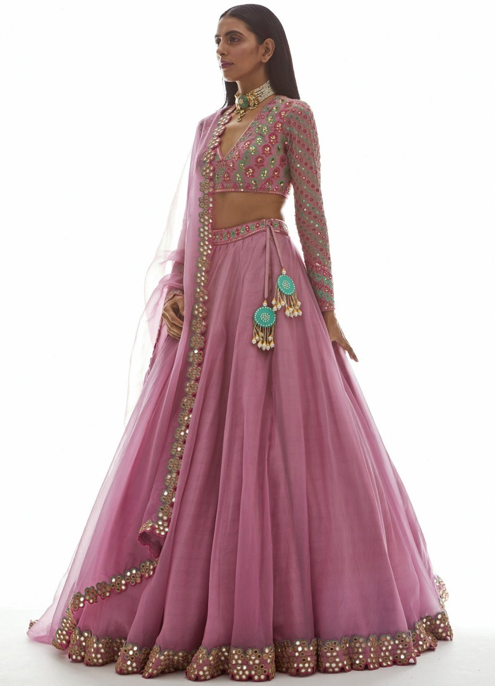 Muted Pink Applique Organza Lehenga Set Vvani by Vani Vats - Fabilicious Fashion