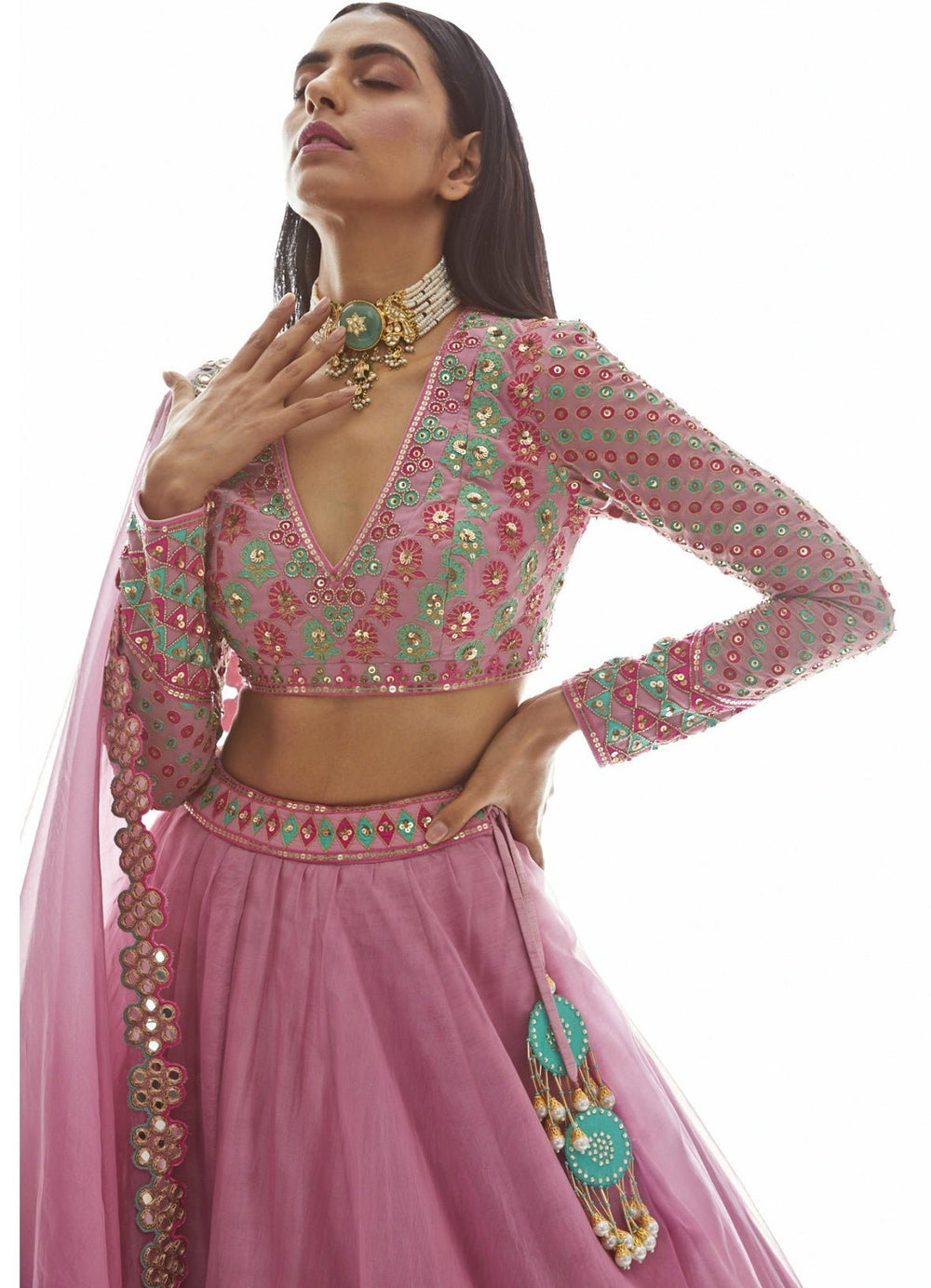 Muted Pink Applique Organza Lehenga Set Vvani by Vani Vats - Fabilicious Fashion
