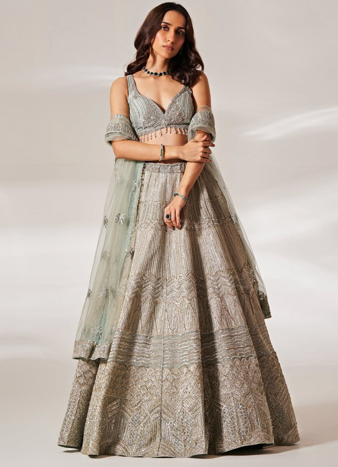 Muted Sage Green Gota Organza Lehenga Set Studio Iris - Fabilicious Fashion