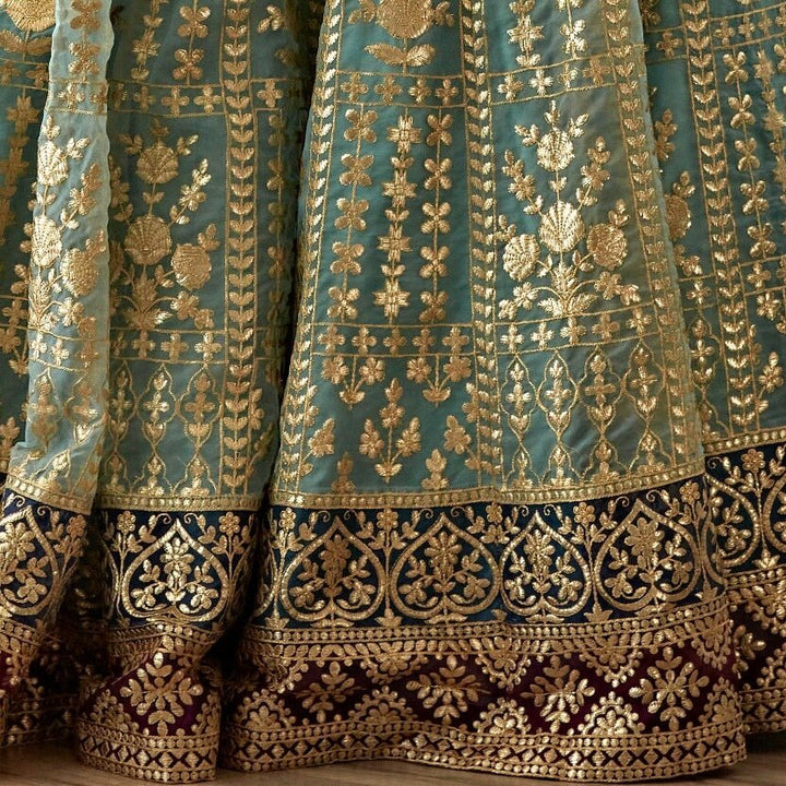 Muted Turquoise Foil Work Organza Lehenga Set Studio Iris - Fabilicious Fashion