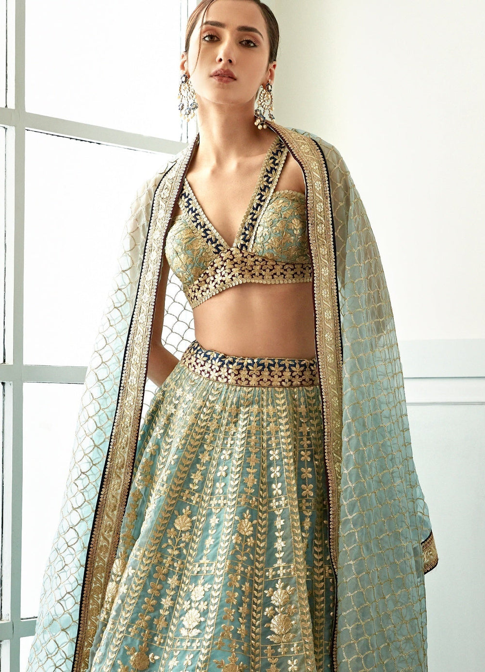 Muted Turquoise Foil Work Organza Lehenga Set Studio Iris - Fabilicious Fashion