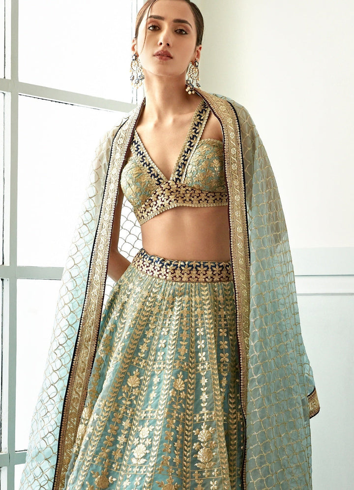 Muted Turquoise Foil Work Organza Lehenga Set Studio Iris - Fabilicious Fashion