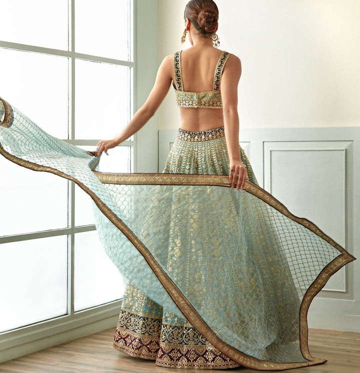 Muted Turquoise Foil Work Organza Lehenga Set Studio Iris - Fabilicious Fashion