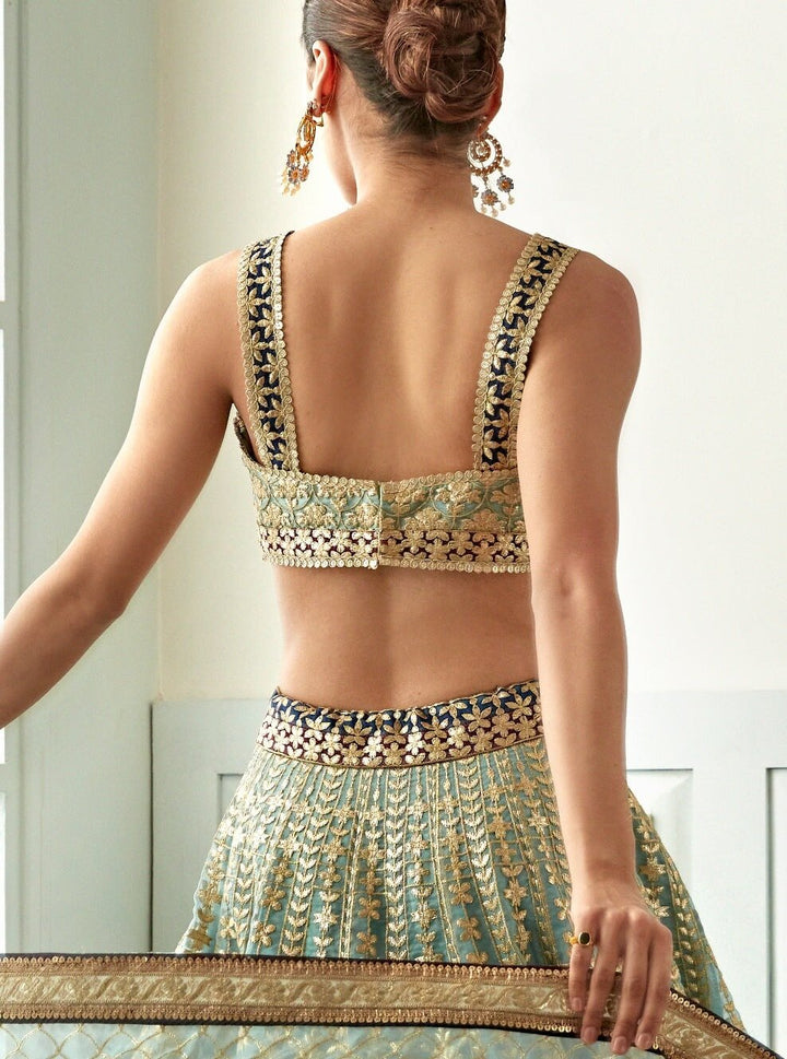Muted Turquoise Foil Work Organza Lehenga Set Studio Iris - Fabilicious Fashion