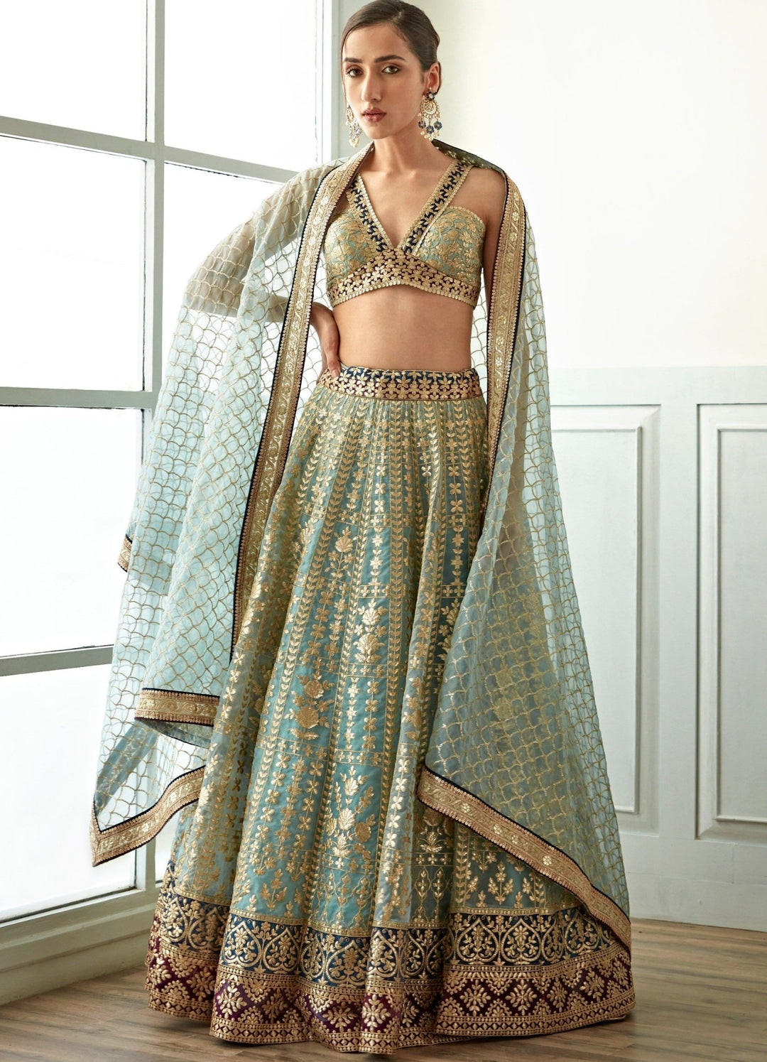 Muted Turquoise Foil Work Organza Lehenga Set Studio Iris - Fabilicious Fashion