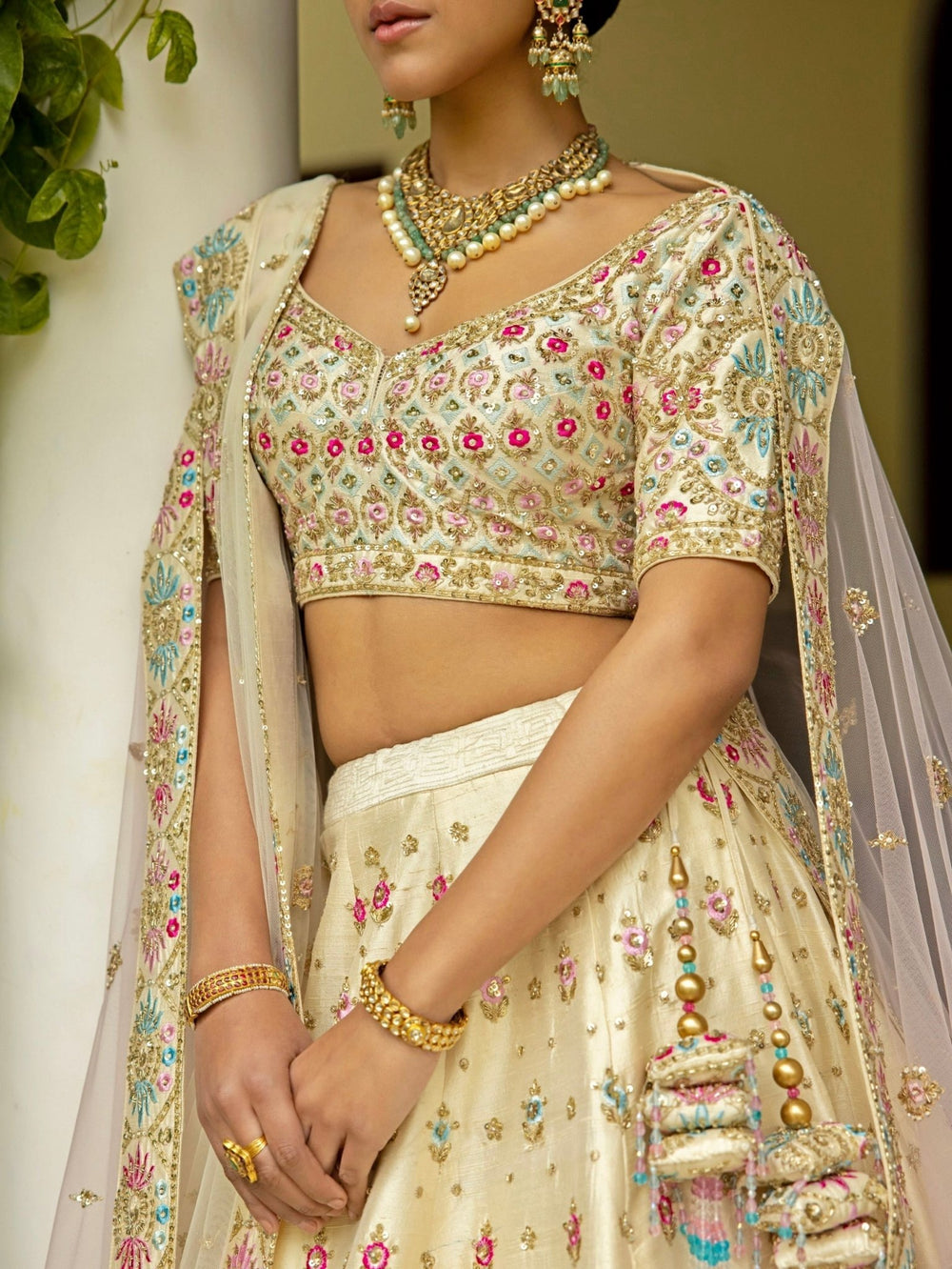 Myra Ivory Multi Colour Double Dupatta Embroidered Silk Lehenga Set Angad Singh - Fabilicious Fashion