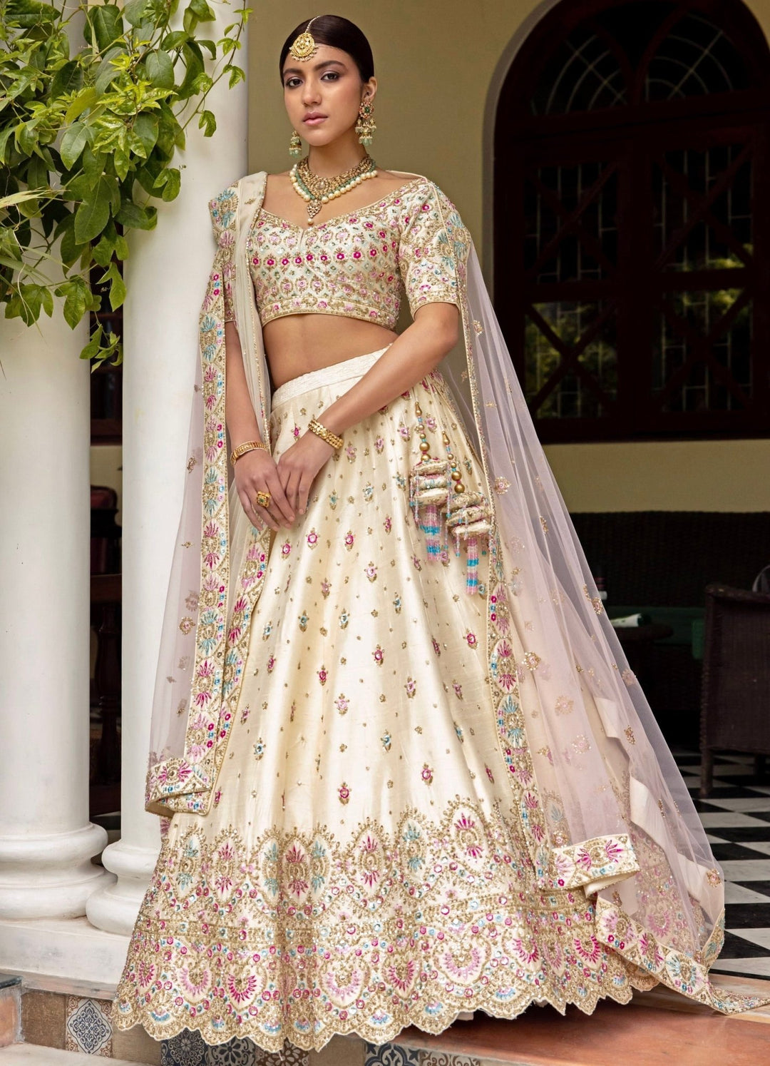 Myra Ivory Multi Colour Double Dupatta Embroidered Silk Lehenga Set Angad Singh - Fabilicious Fashion
