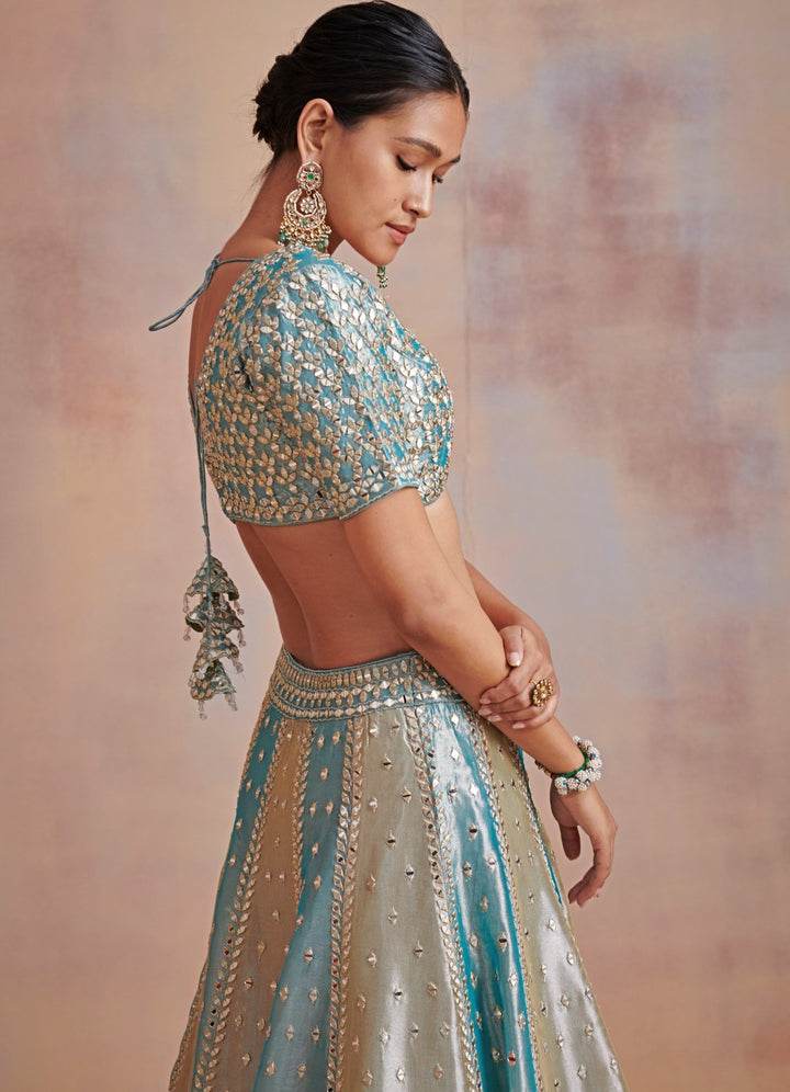 Nakshatra Turquoise Blue and Ivory Mirror and Resham Set Suhino - Fabilicious Fashion