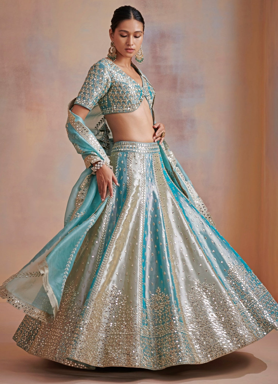 Nakshatra Turquoise Blue and Ivory Mirror and Resham Set Suhino - Fabilicious Fashion