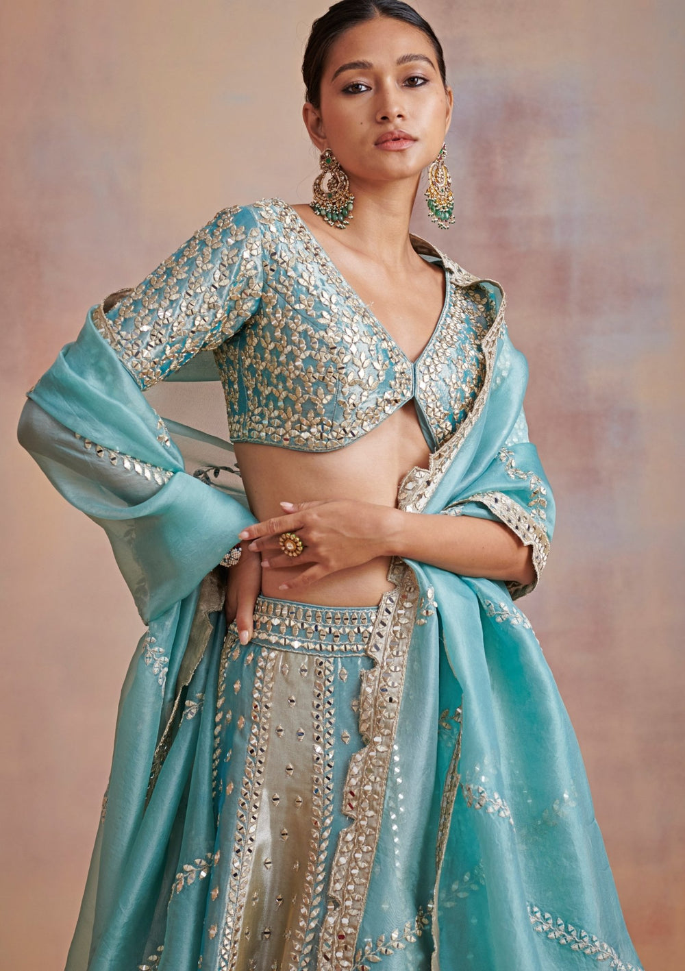 Nakshatra Turquoise Blue and Ivory Mirror and Resham Set Suhino - Fabilicious Fashion