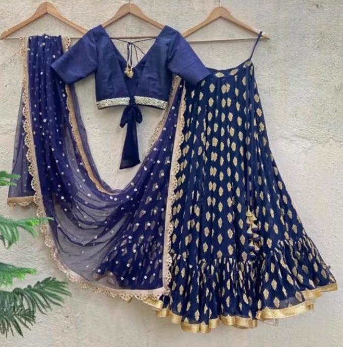 Navy Blue and Gold Ruffle Lehenga Set Priti Sahni - Fabilicious Fashion