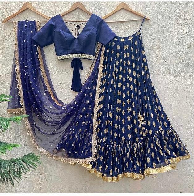 Navy Blue and Gold Ruffle Lehenga Set Priti Sahni - Fabilicious Fashion