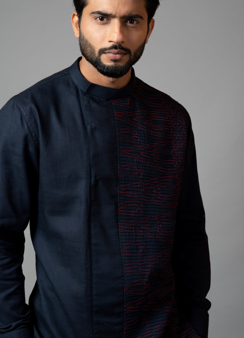 Navy Blue And Red Asymmetric Embroidered Kurta With Pant Pajama Smriti - Fabilicious Fashion