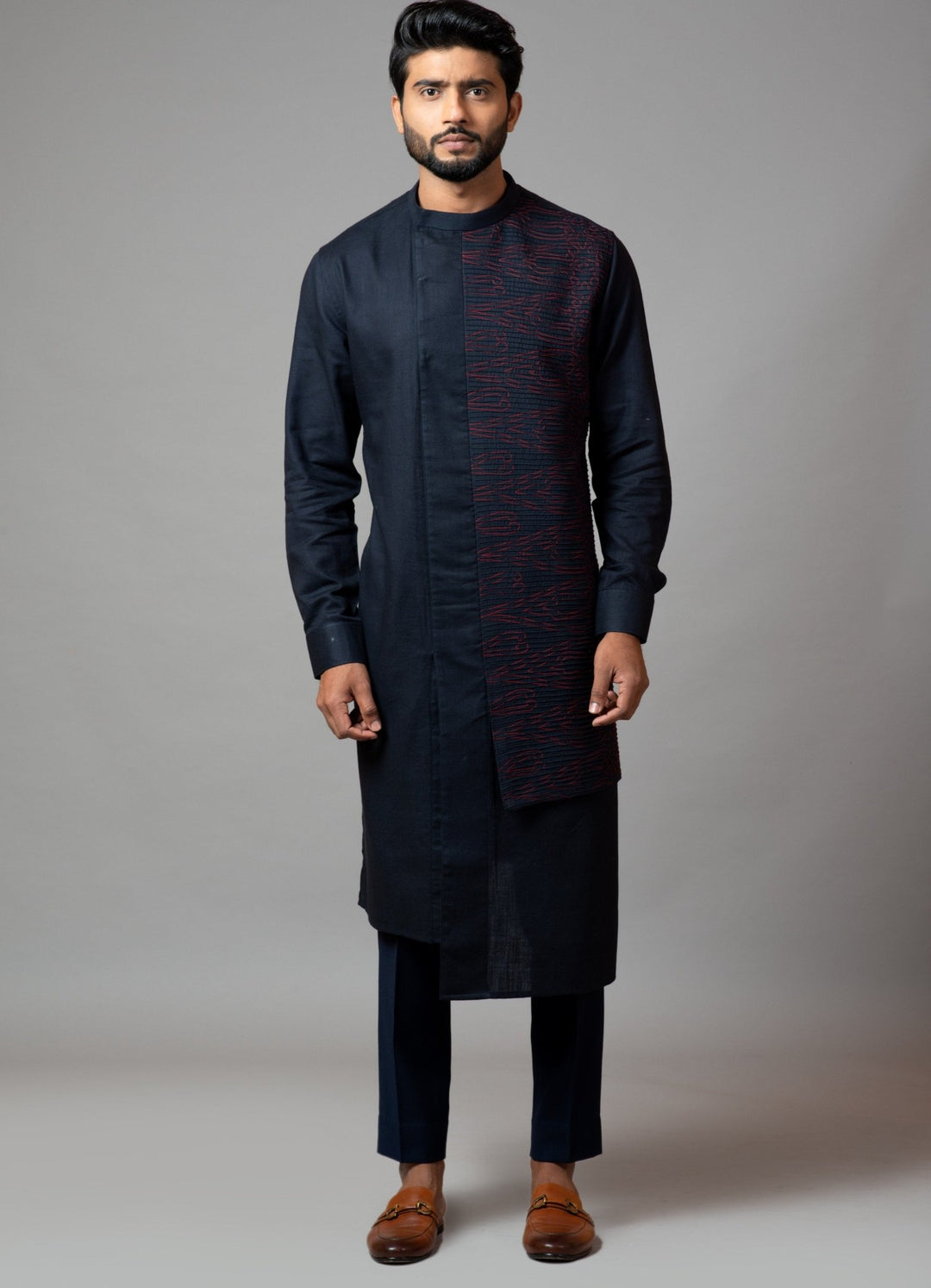 Navy Blue And Red Asymmetric Embroidered Kurta With Pant Pajama Smriti - Fabilicious Fashion