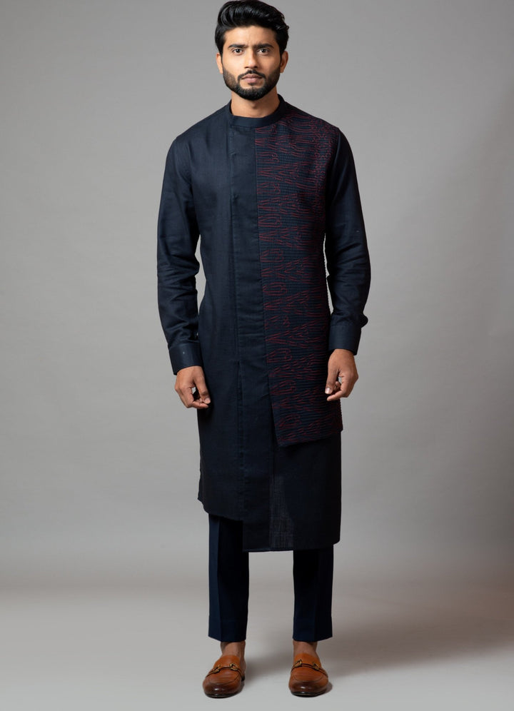 Navy Blue And Red Asymmetric Embroidered Kurta With Pant Pajama Smriti - Fabilicious Fashion