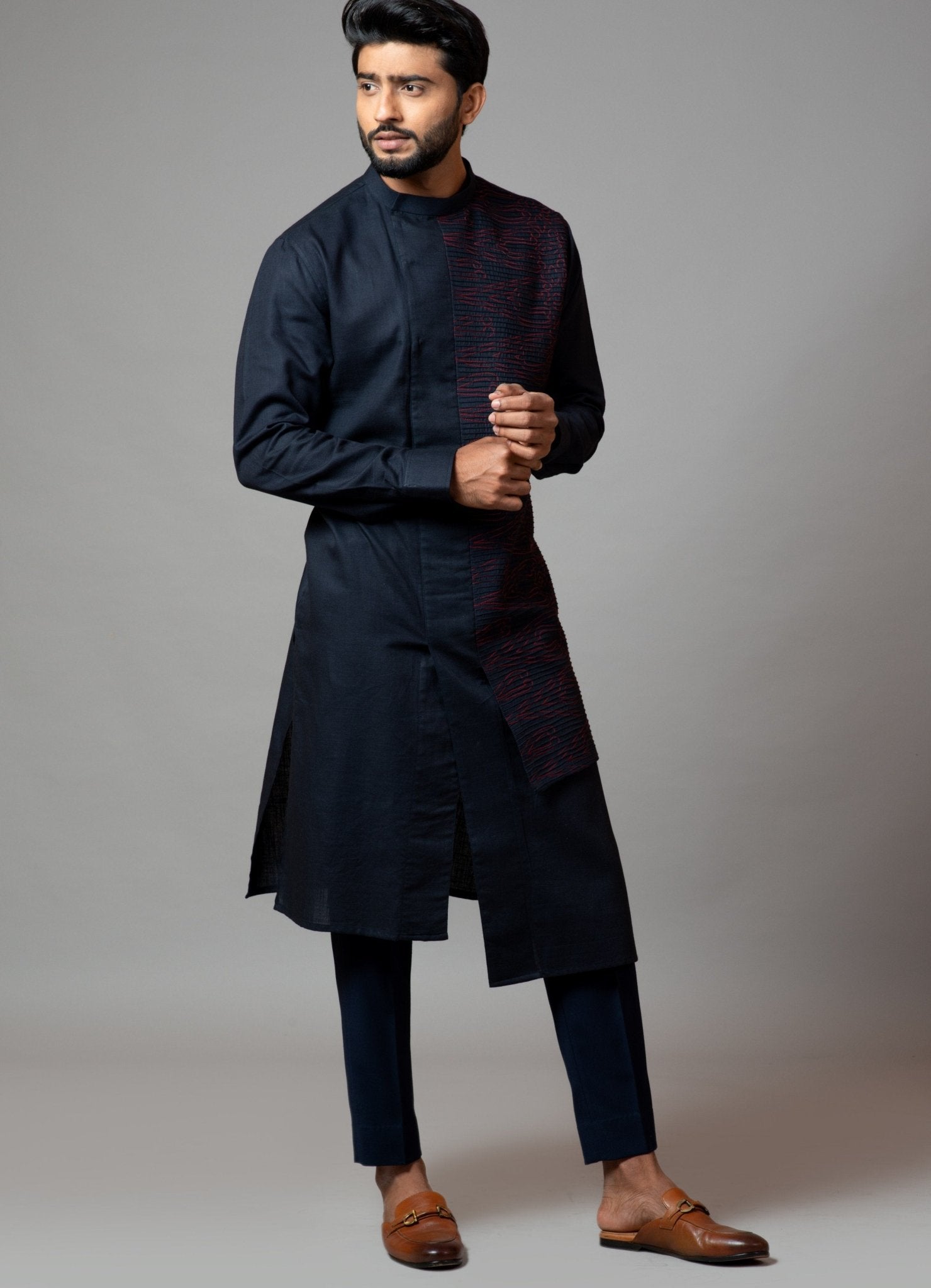 Navy blue and red asymmetric mens kurta set — kurta fit for men with shorter hem styling