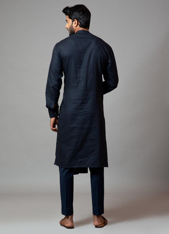 Navy Blue And Red Asymmetric Embroidered Kurta With Pant Pajama Smriti - Fabilicious Fashion