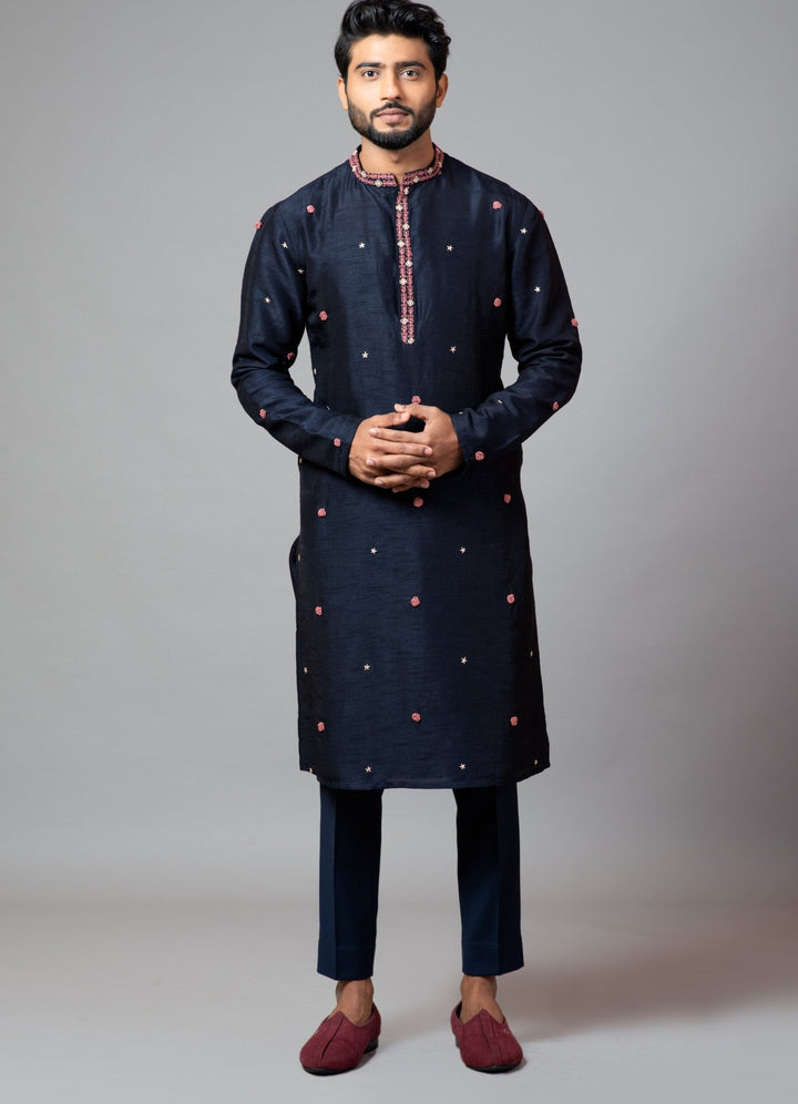 Navy Blue Bullion Rose Embroidered Kurta With Pant Pajama Smriti - Fabilicious Fashion