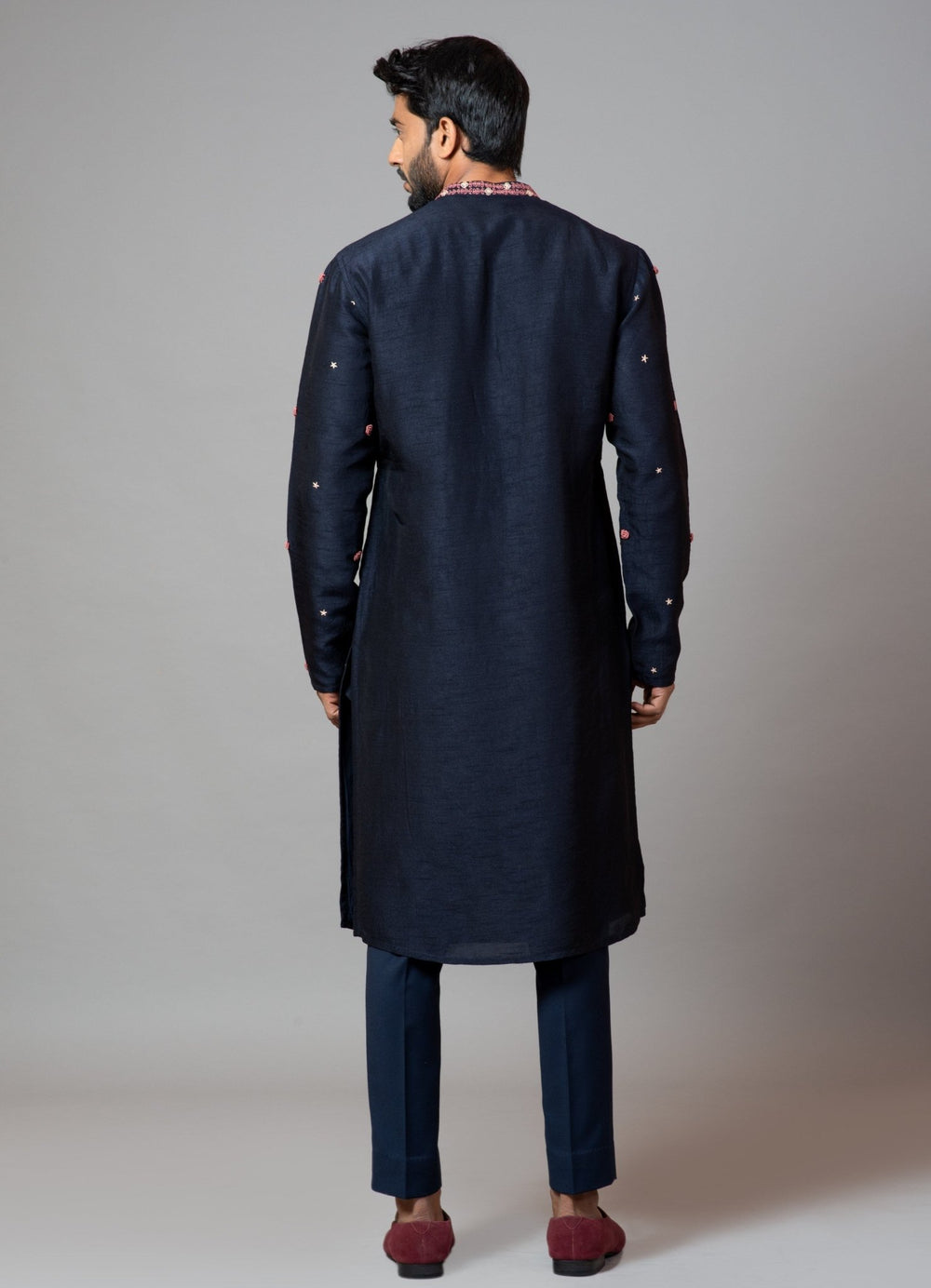 Navy Blue Bullion Rose Embroidered Kurta With Pant Pajama Smriti - Fabilicious Fashion