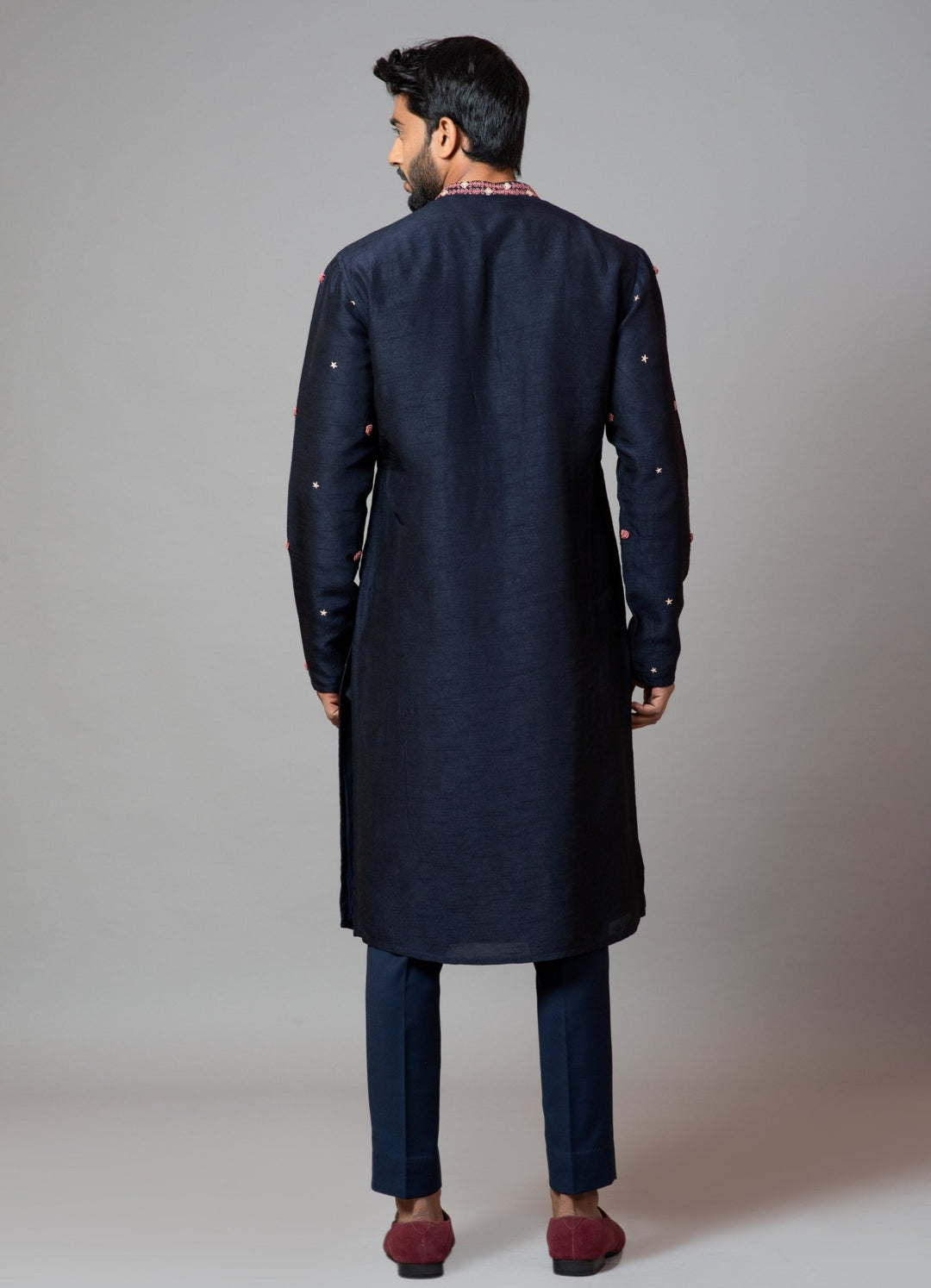 Navy Blue Bullion Rose Embroidered Kurta With Pant Pajama Smriti - Fabilicious Fashion