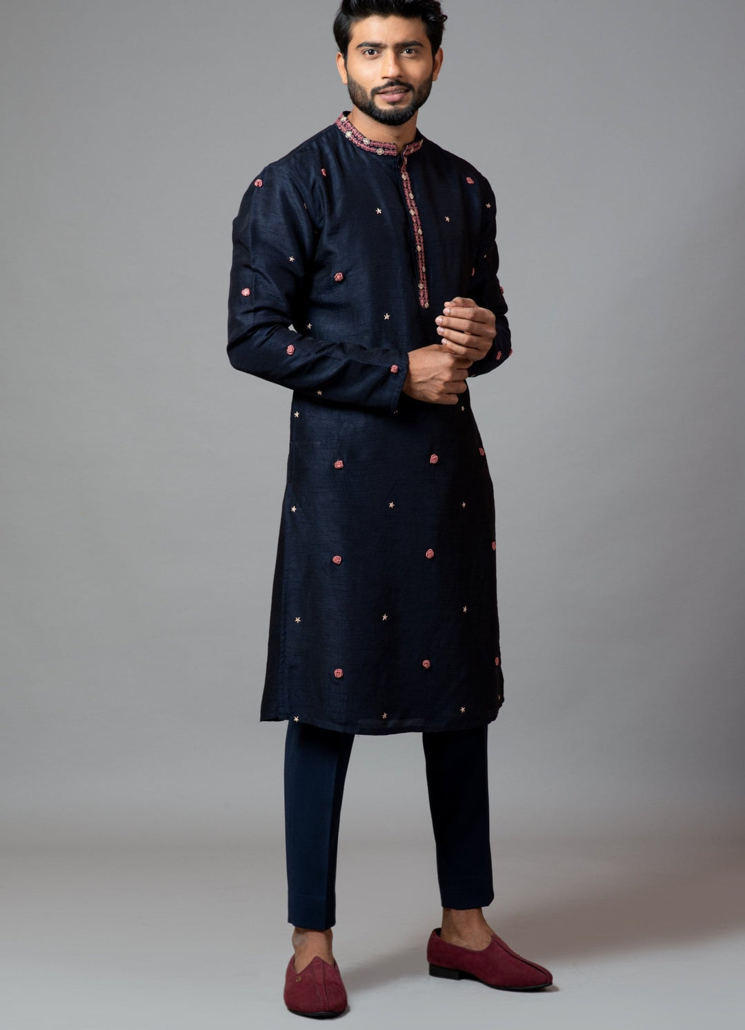 Navy Blue Bullion Rose Embroidered Kurta With Pant Pajama Smriti - Fabilicious Fashion