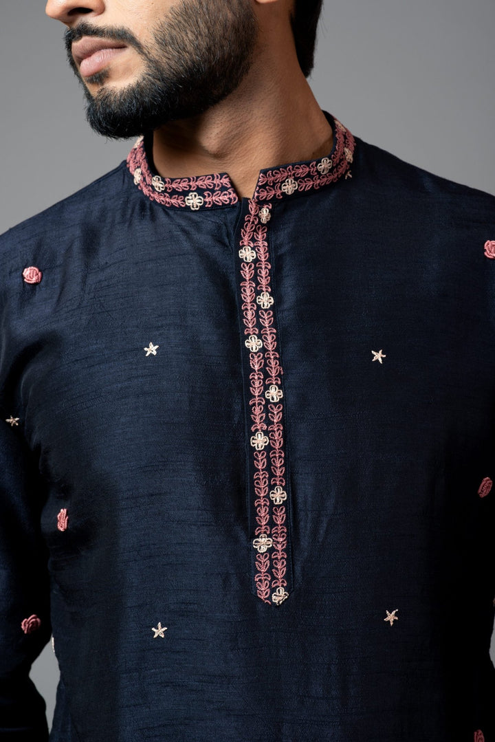 Navy Blue Bullion Rose Embroidered Kurta With Pant Pajama Smriti - Fabilicious Fashion