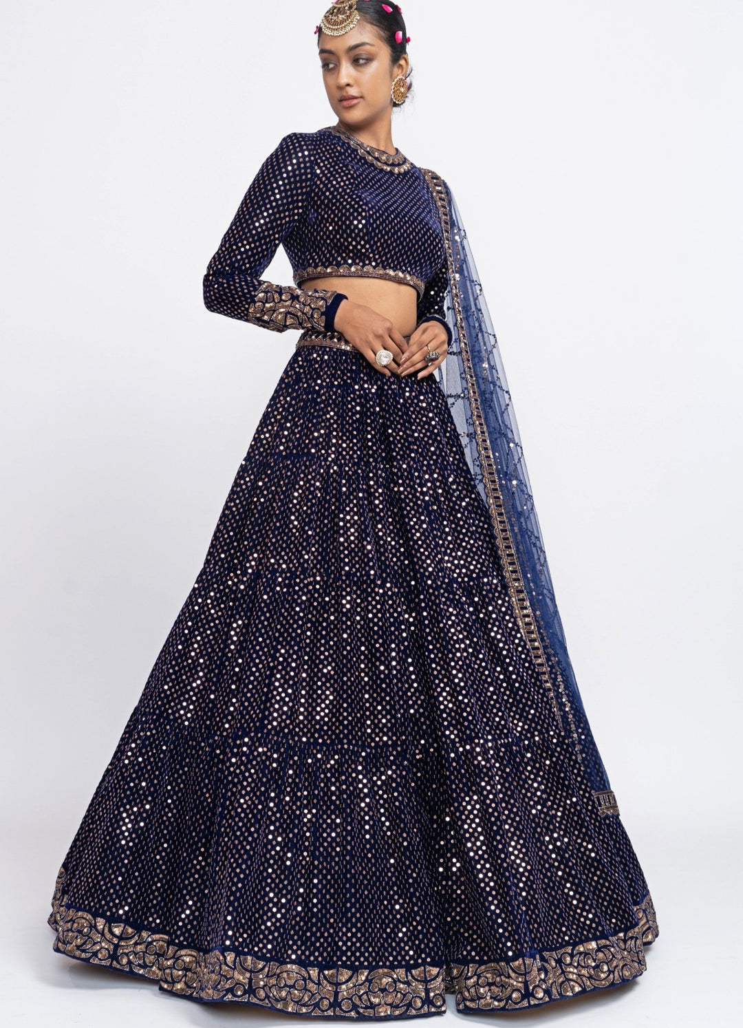 Navy Blue Dotted Full Sleeved Lehenga Set Vvani by Vani Vats - Fabilicious Fashion