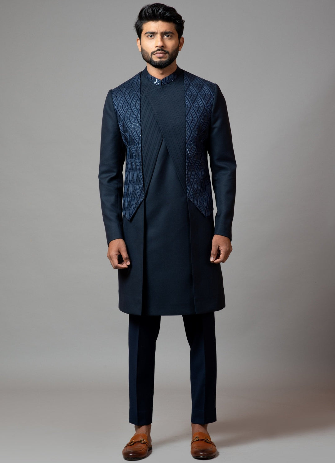 Navy Blue Embroidered Achkan Smriti - Fabilicious Fashion