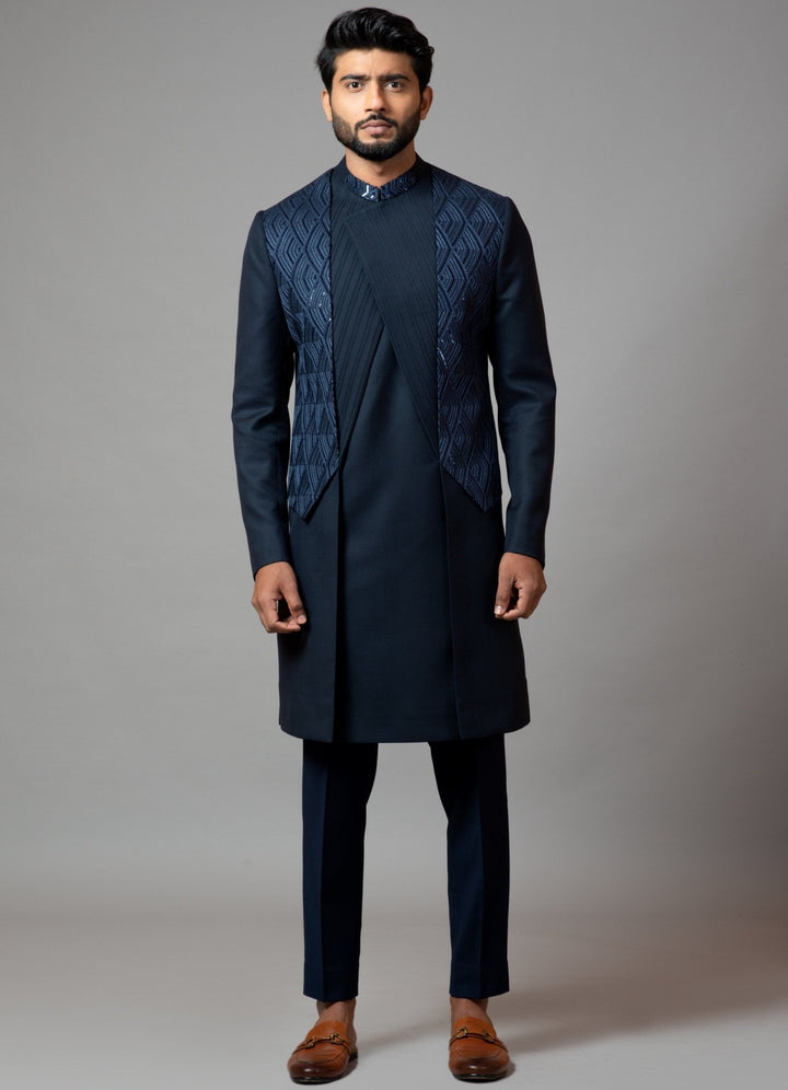 Navy Blue Embroidered Achkan Smriti - Fabilicious Fashion
