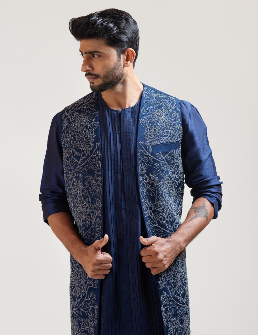 Navy Blue Embroidered Long Jacket Smriti - Fabilicious Fashion